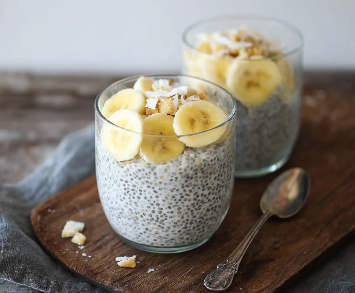 Delicious banana coconut milk chia seed pudding in a glass bowl with sliced bananas and shredded coconut on top.