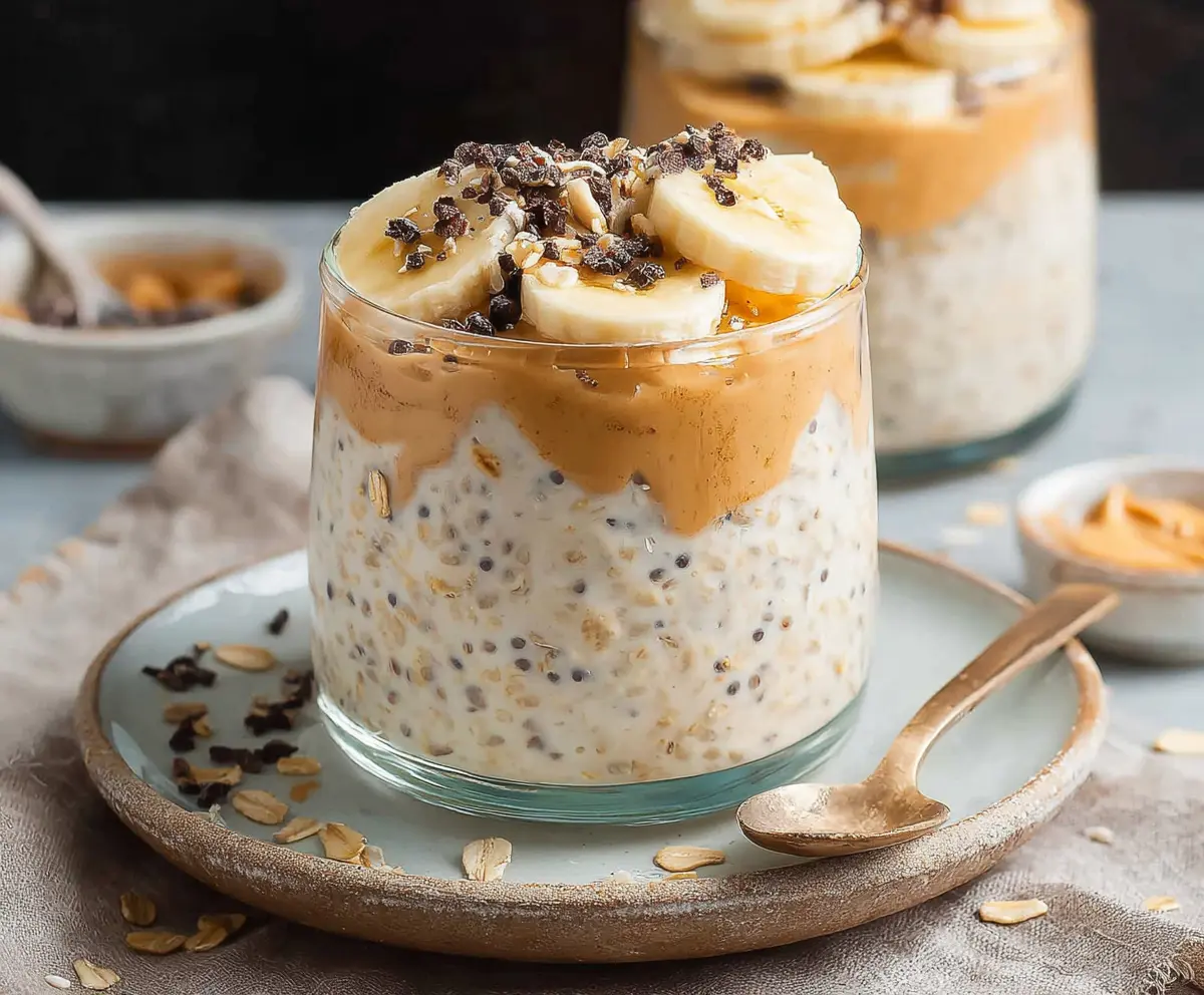 Creamy banana peanut butter overnight oats in a jar, topped with sliced bananas and granola