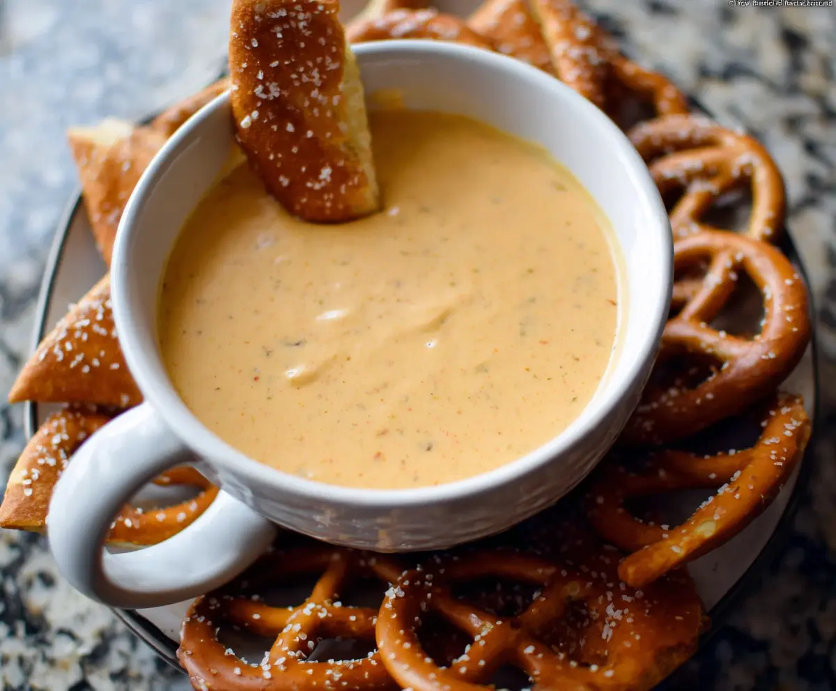 Creamy Beer Cheese Dip served with pretzels and chips, perfect for parties and gatherings.