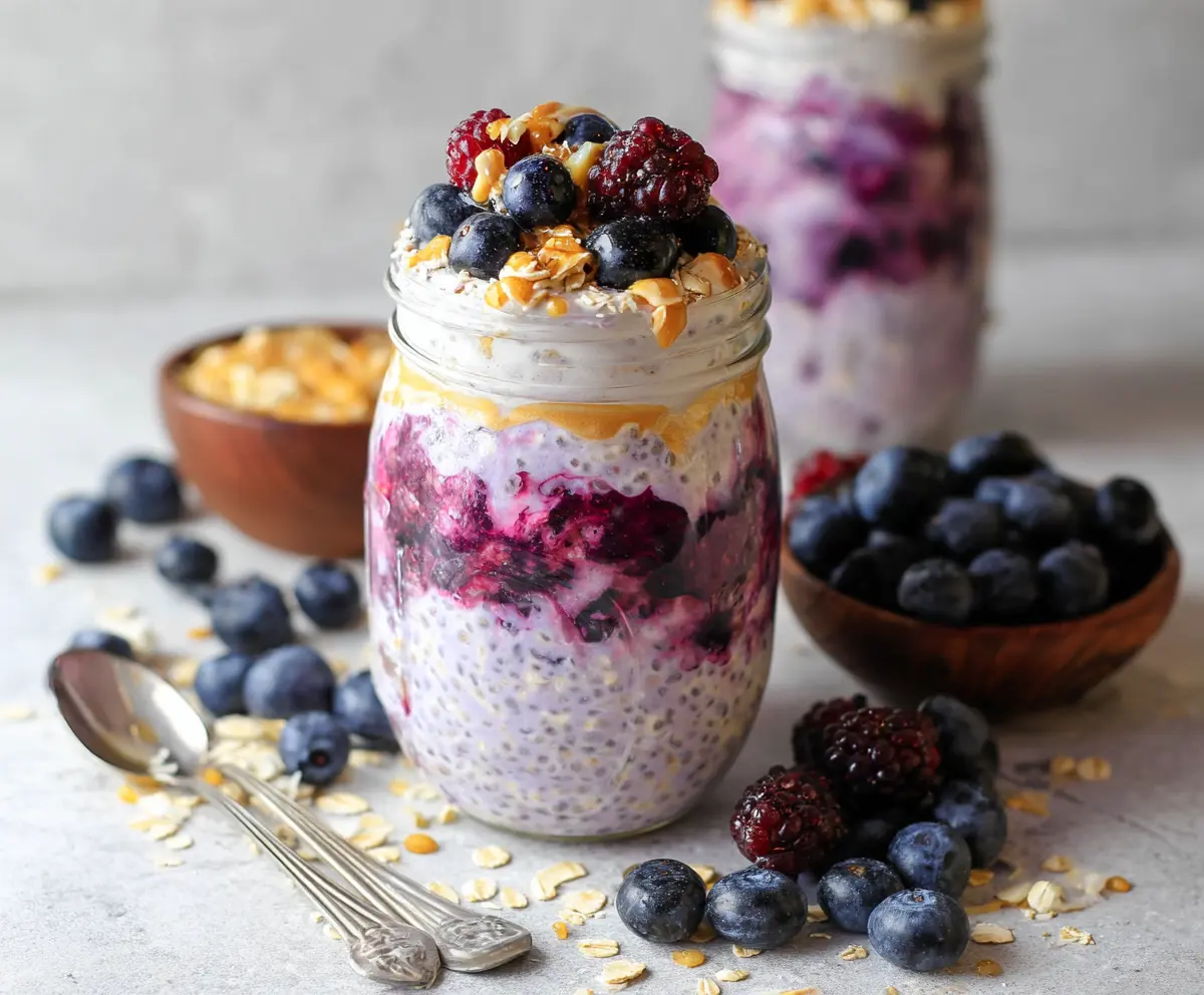 Delicious Berry Cheesecake Overnight Oats in a glass jar topped with fresh berries and a sprinkle of granola.