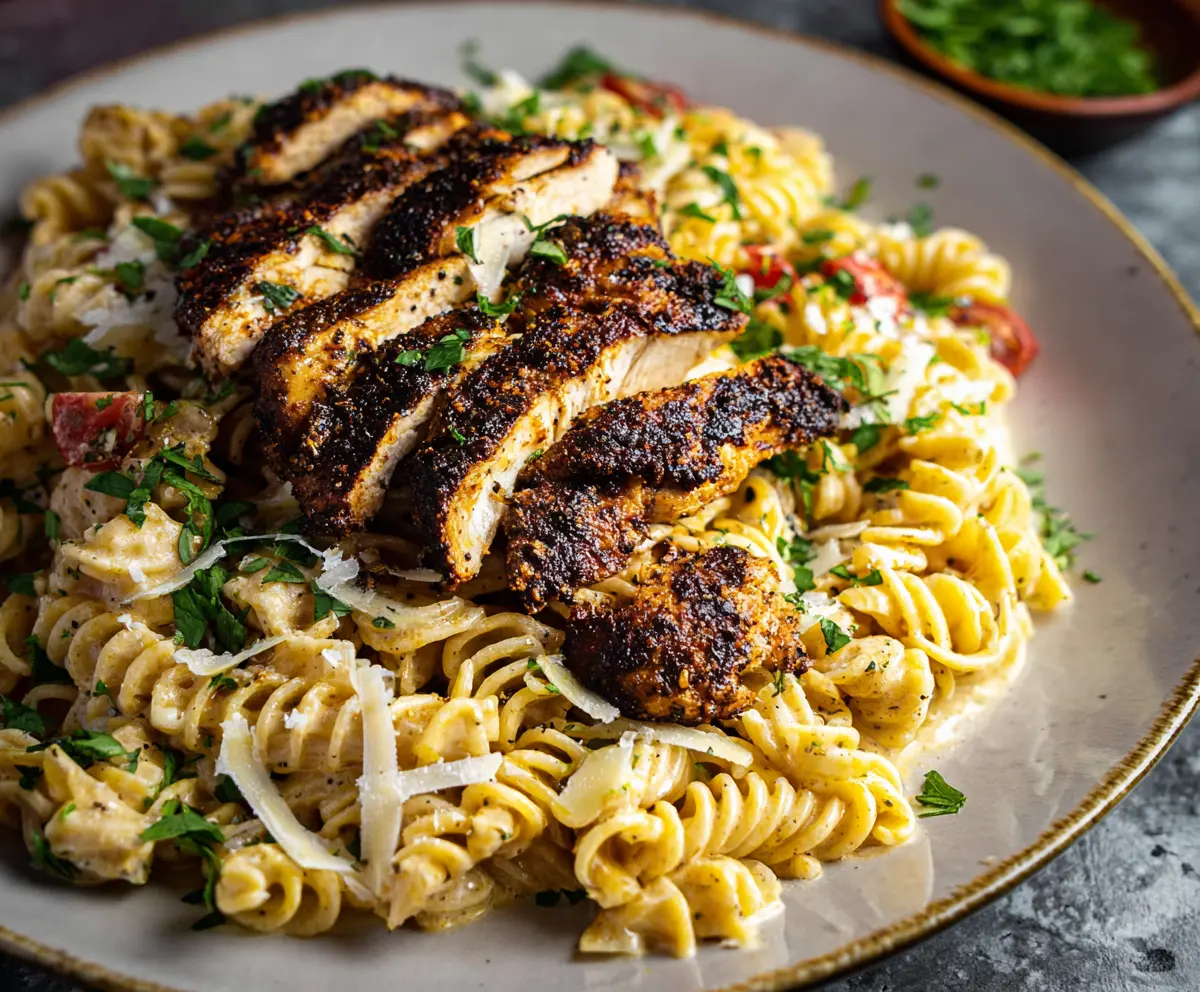 Delicious blackened chicken pasta with spicy seasoning and fresh herbs on a white plate.