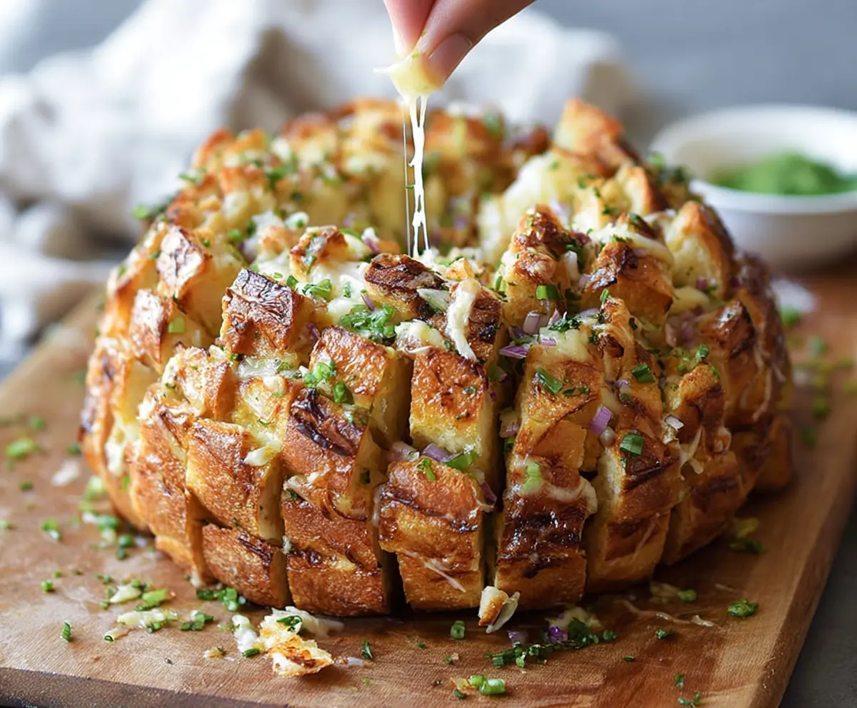 Delicious Bloomin Onion Pull Apart Bread sliced open to reveal cheesy and crispy layers.