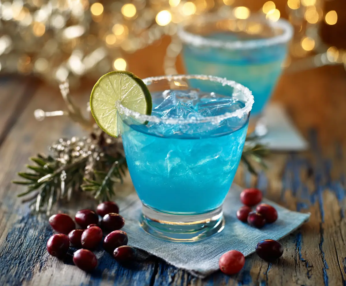 Festive Blue Christmas Cocktail in a fancy glass with holiday decorations