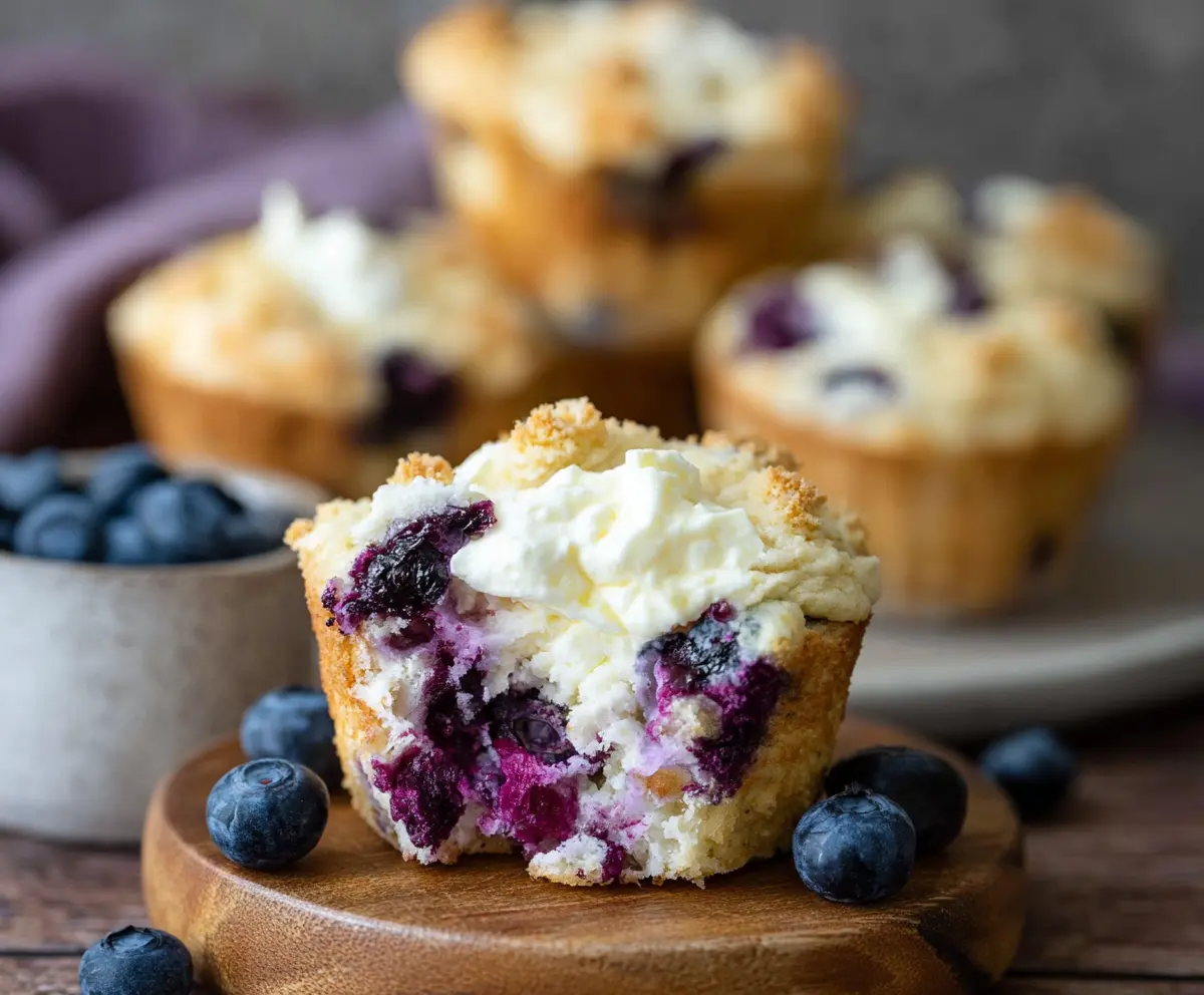 Delicious blueberry cream cheese protein muffins fresh out of the oven, showcasing a golden-brown top with vibrant blueberries inside.