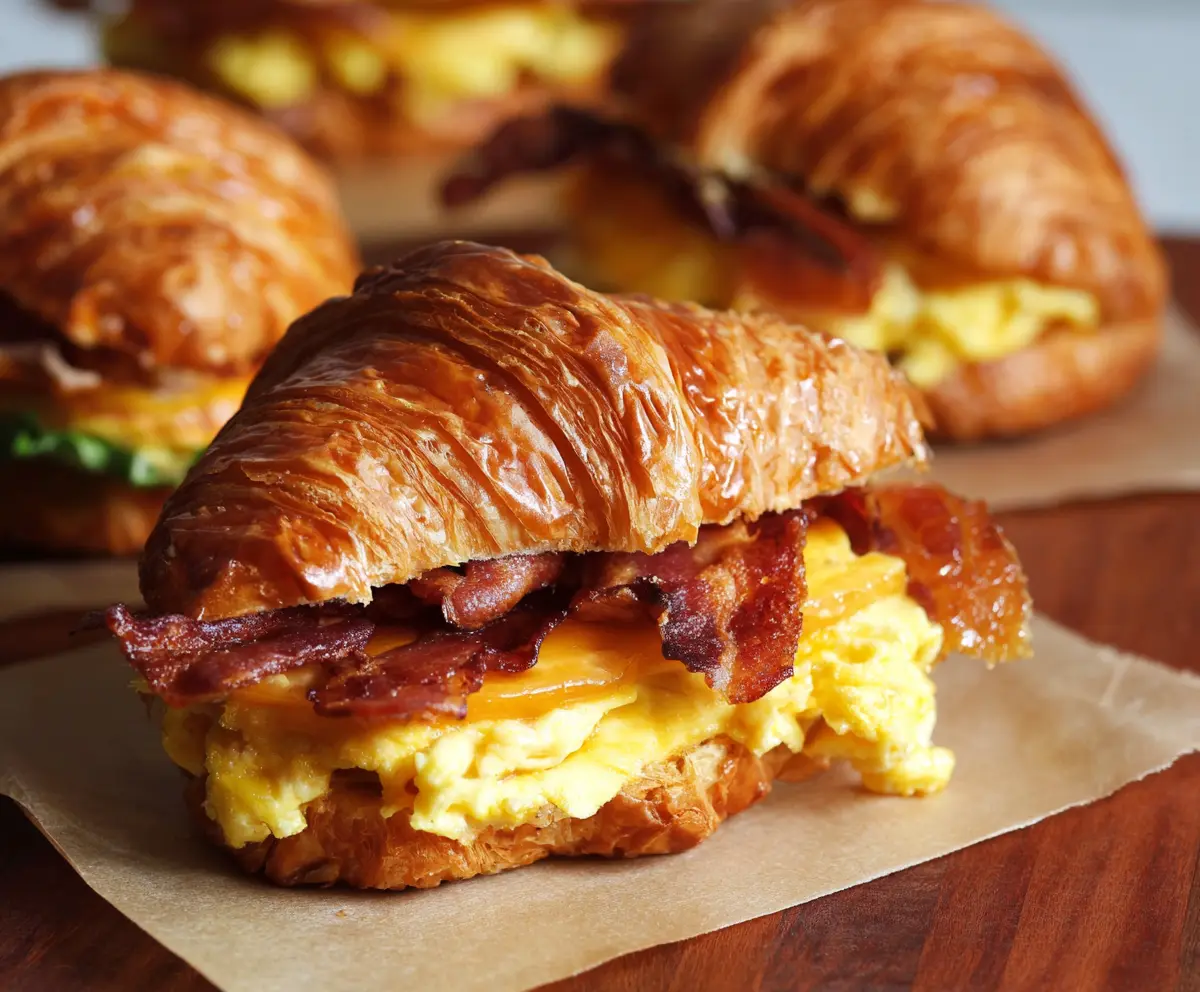 Delicious breakfast croissant sandwich filled with eggs, cheese, and ham, perfect for morning cravings