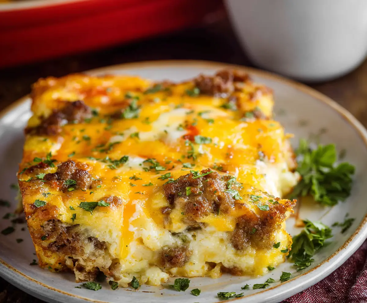 Delicious breakfast sausage casserole with eggs and cheese in a baking dish