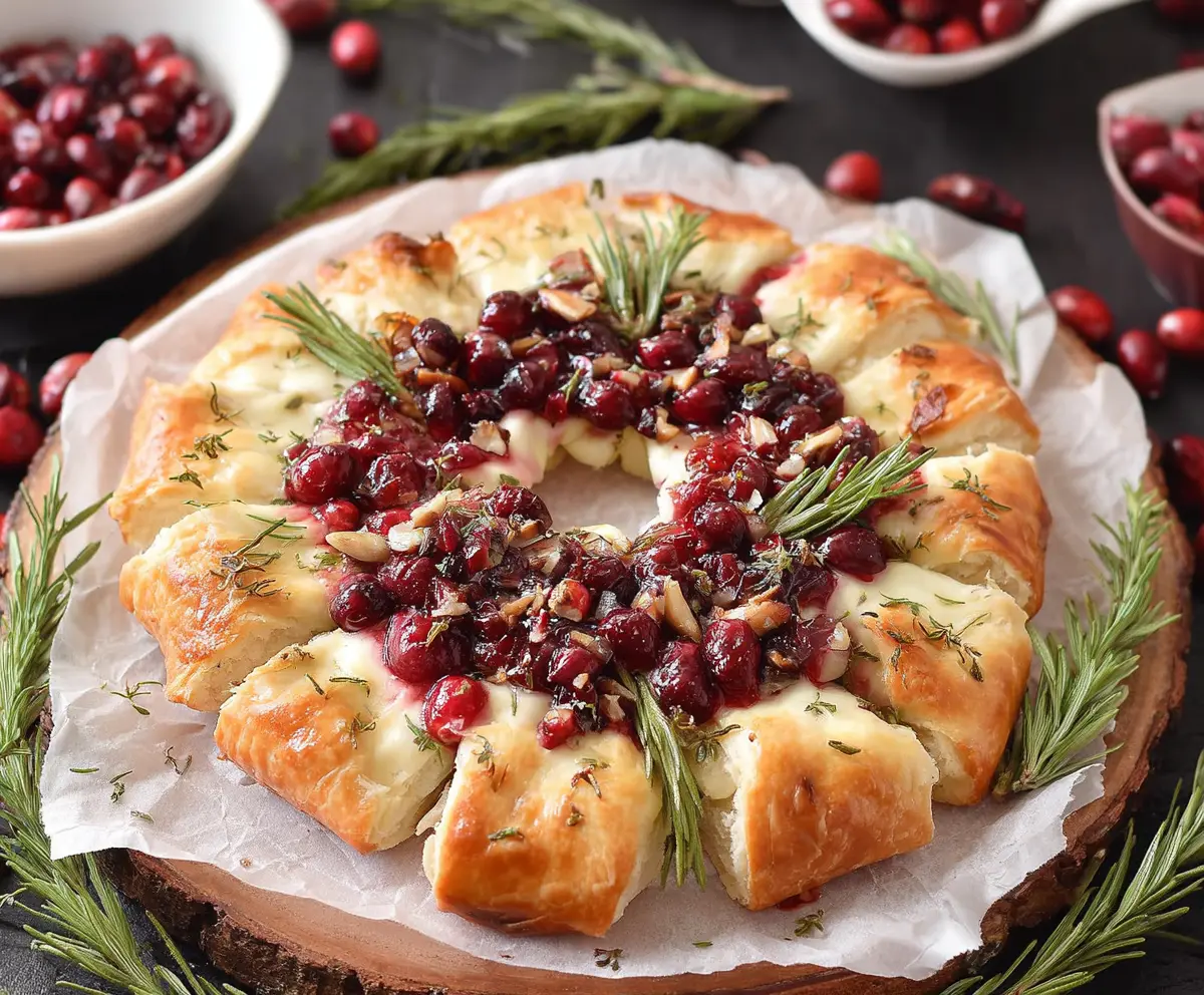 Delicious Brie Cranberry Wreath appetizer with melted cheese and fresh cranberries on a festive platter