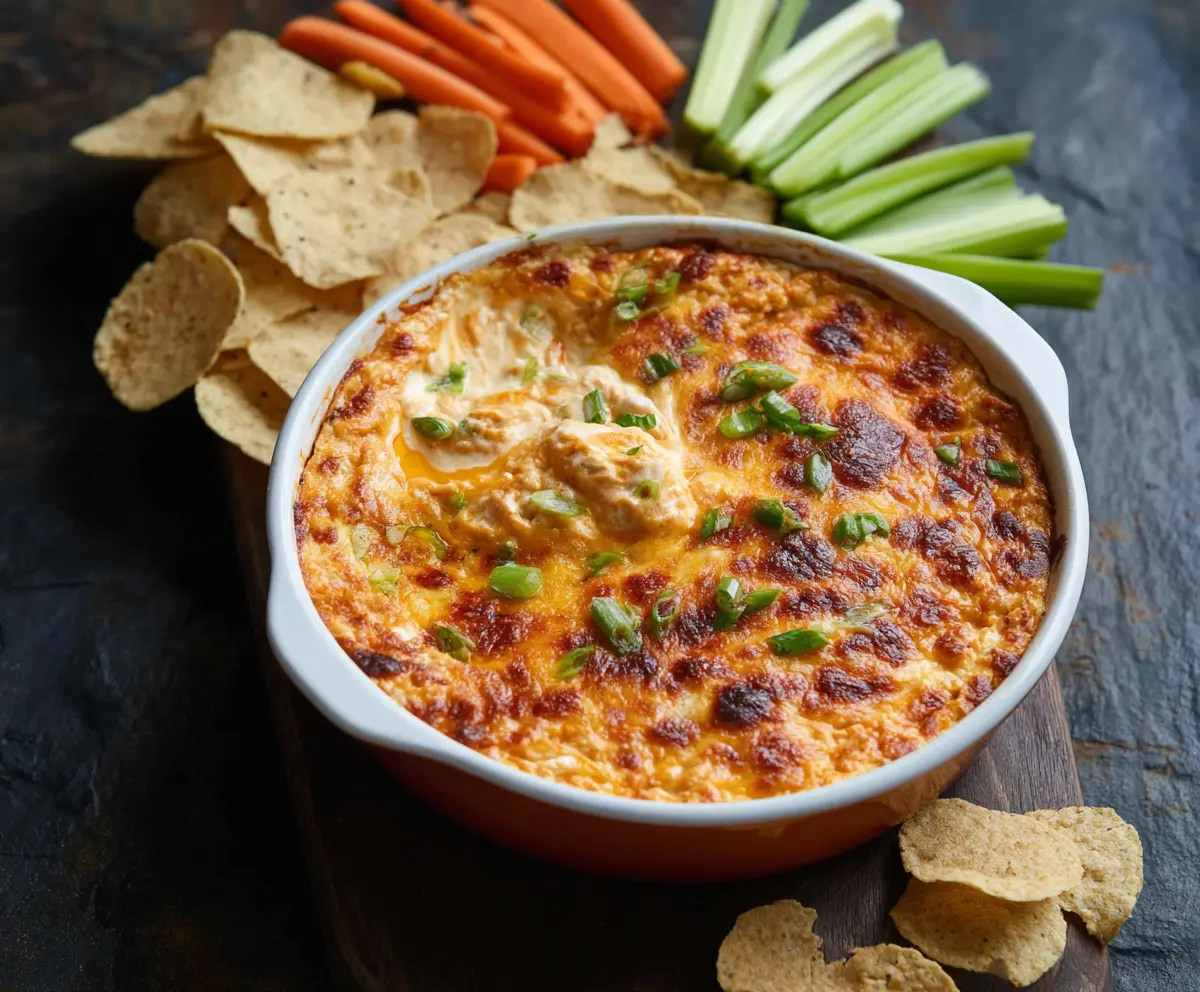 Creamy Buffalo Chicken Dip with spicy buffalo sauce and melted cheese, perfect for game day snacks.