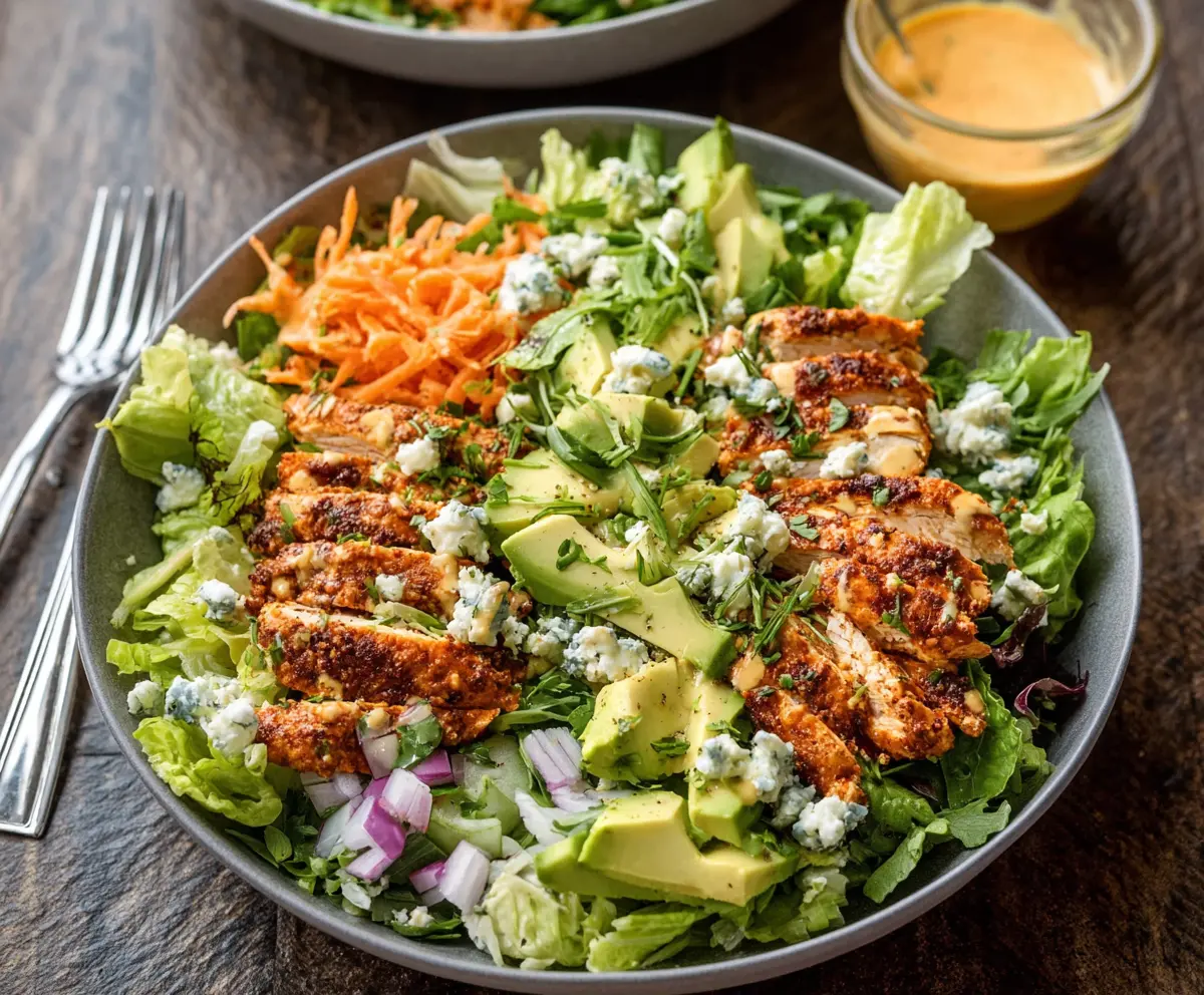 Delicious Buffalo Ranch Chicken Salad with fresh greens and crispy chicken pieces.