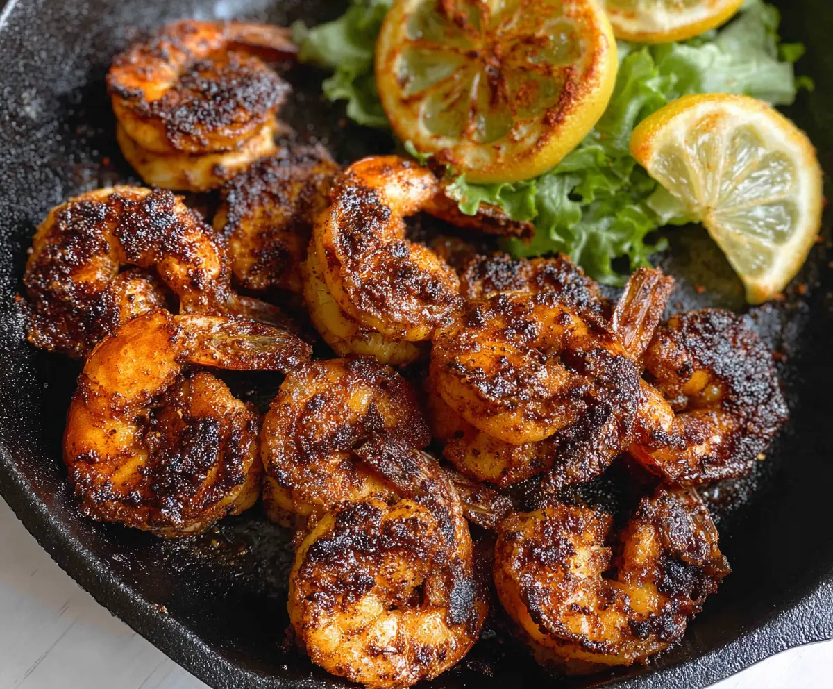 Savory Cajun Blackened Shrimp served on a plate with lemon wedges and fresh herbs.