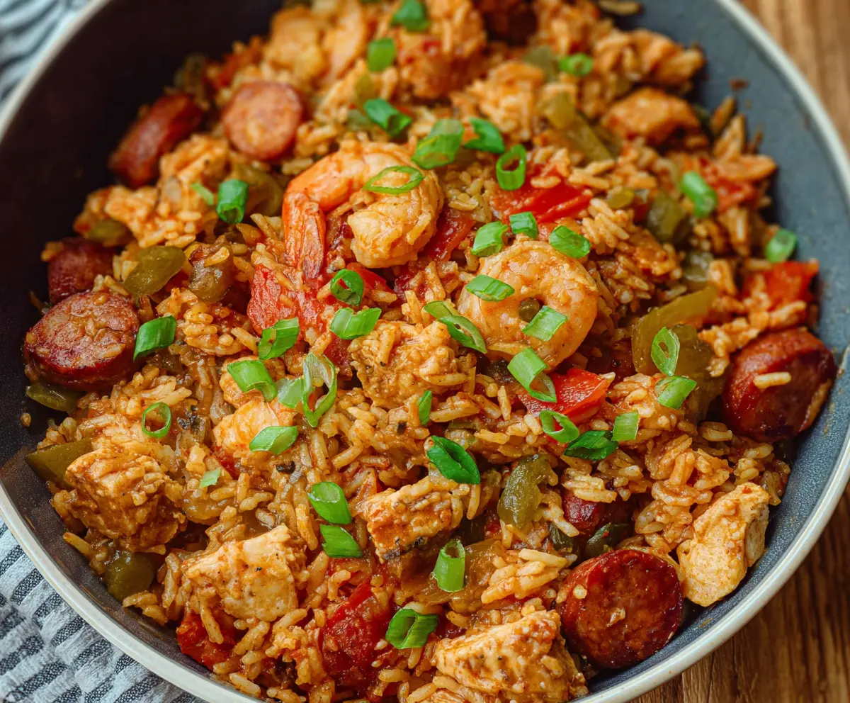 Delicious Cajun Jambalaya with tender chicken, juicy shrimp, and spicy sausage in a flavorful rice dish.