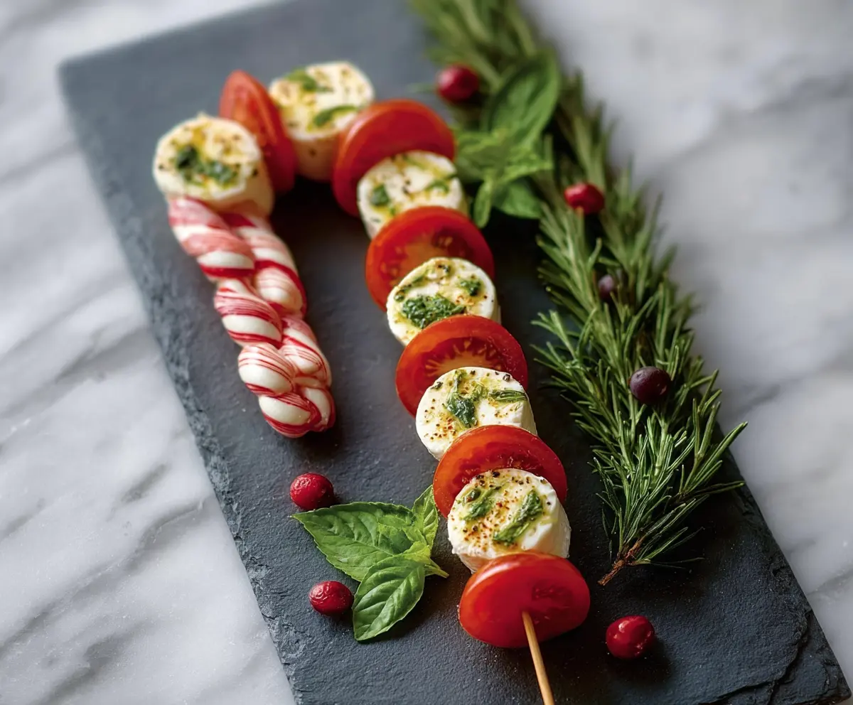 Colorful Candy Cane Caprese Skewers with cherry tomatoes, fresh basil, and mozzarella cheese on wooden sticks.