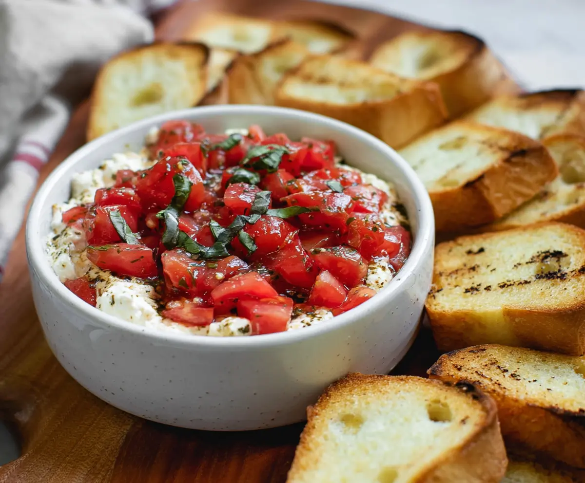 Creamy Caprese Dip with fresh basil, mozzarella, and cherry tomatoes on a white plate