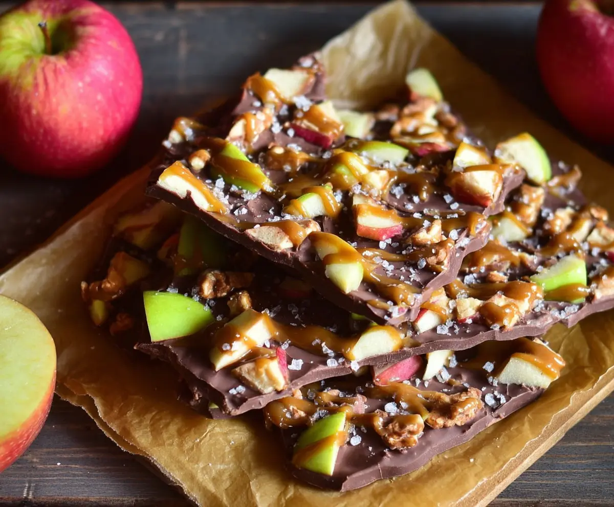 Delicious caramel apple bark topped with shiny caramel and crunchy toppings, perfect for fall treats.