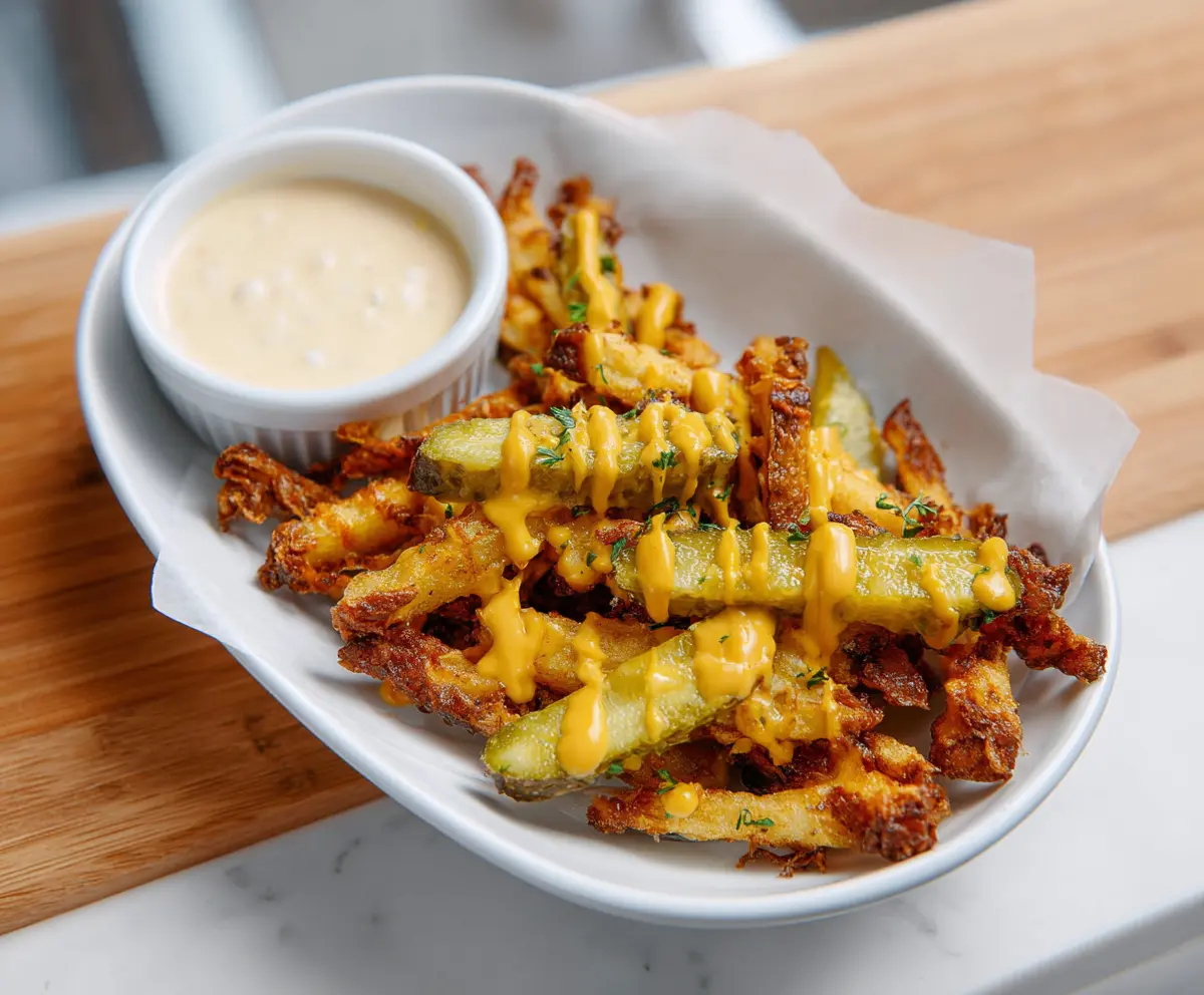 Crispy cheddar pickle fries served with dipping sauce on a plate.