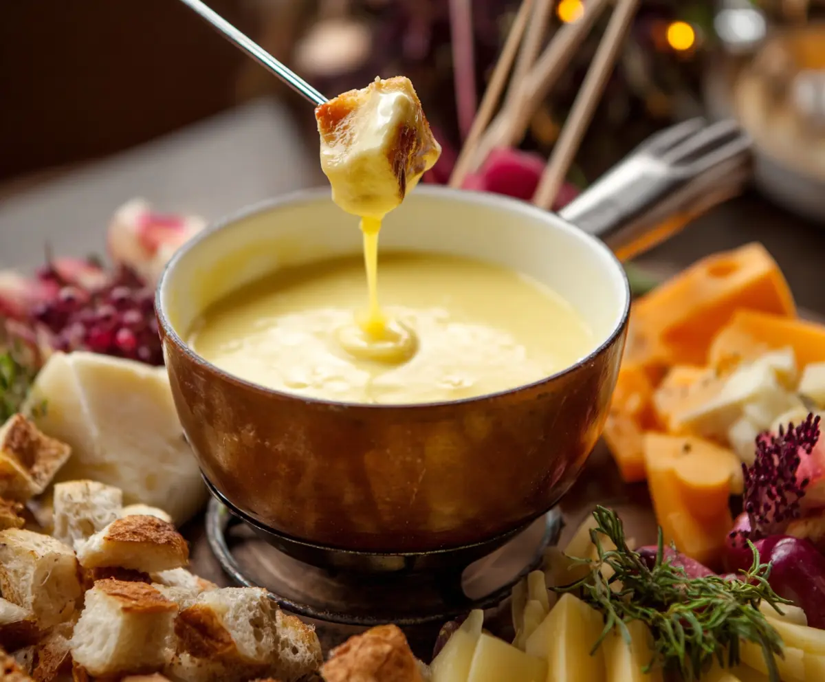 Creamy cheese fondue in a traditional pot with bread cubes for dipping.