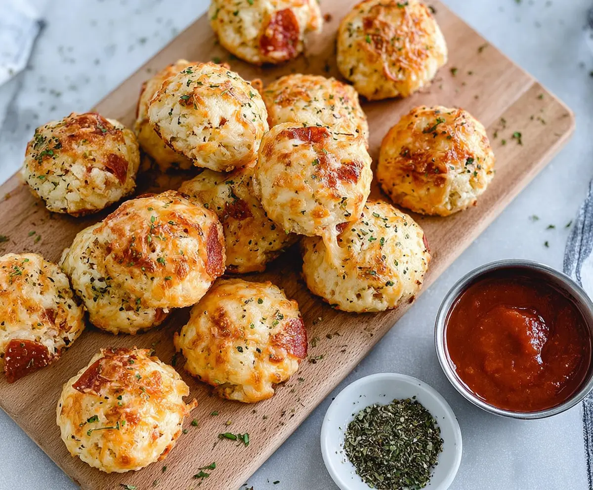 Delicious cheesy pepperoni bites topped with melted cheese and savory pepperoni slices.