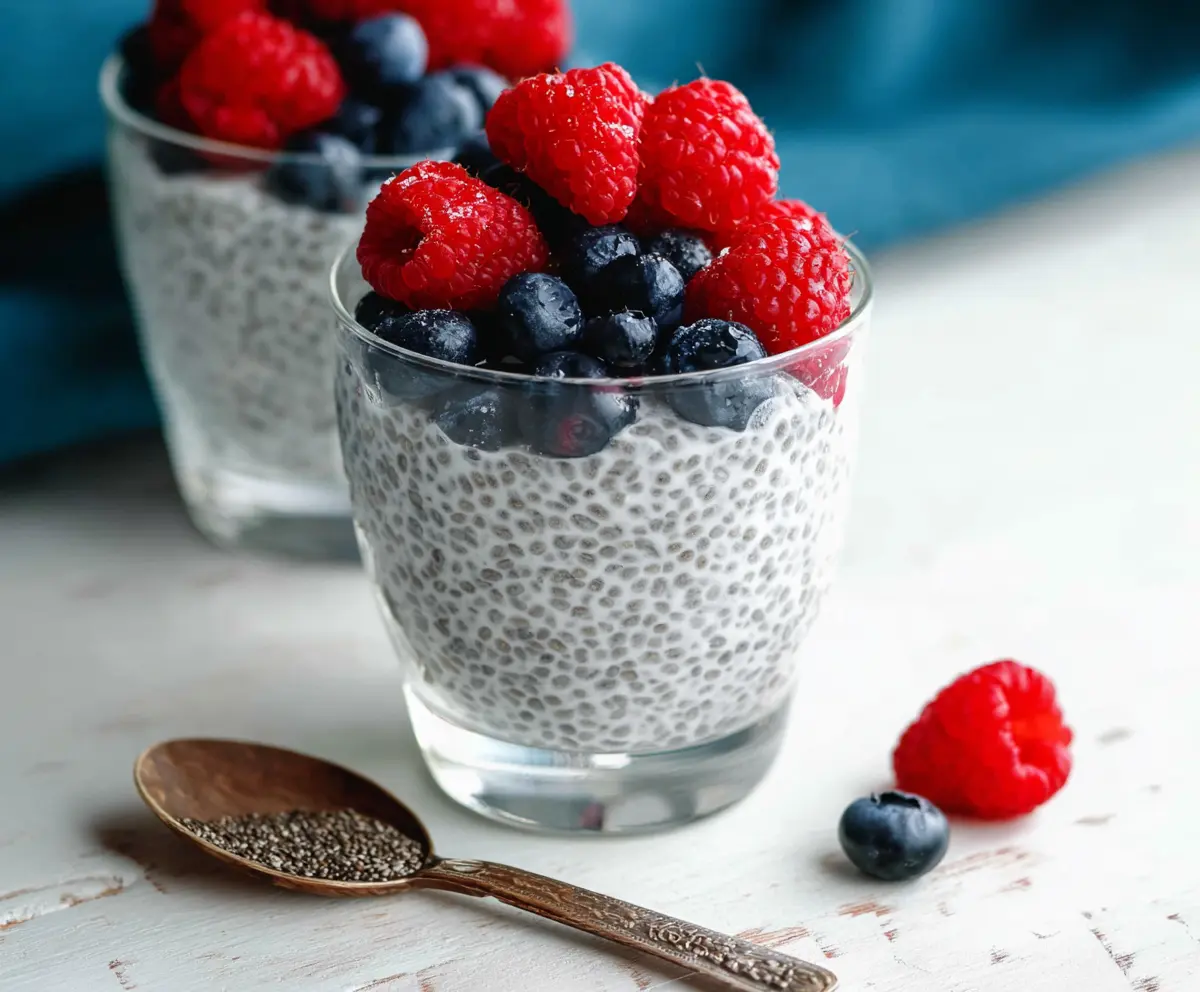 Delicious chia pudding topped with fresh berries and honey, healthy breakfast option