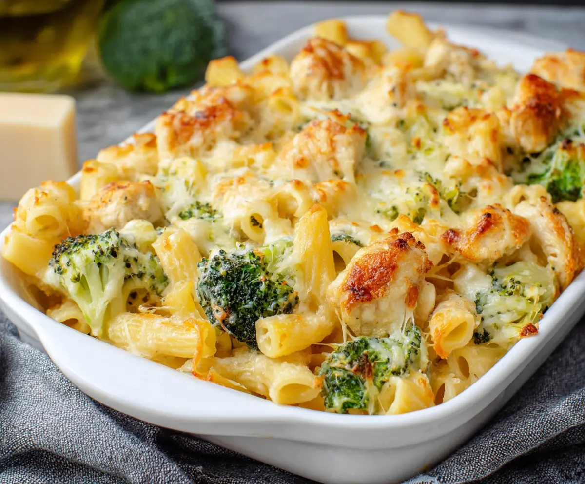 Delicious chicken and broccoli pasta bake in a baking dish, perfect for a hearty family dinner