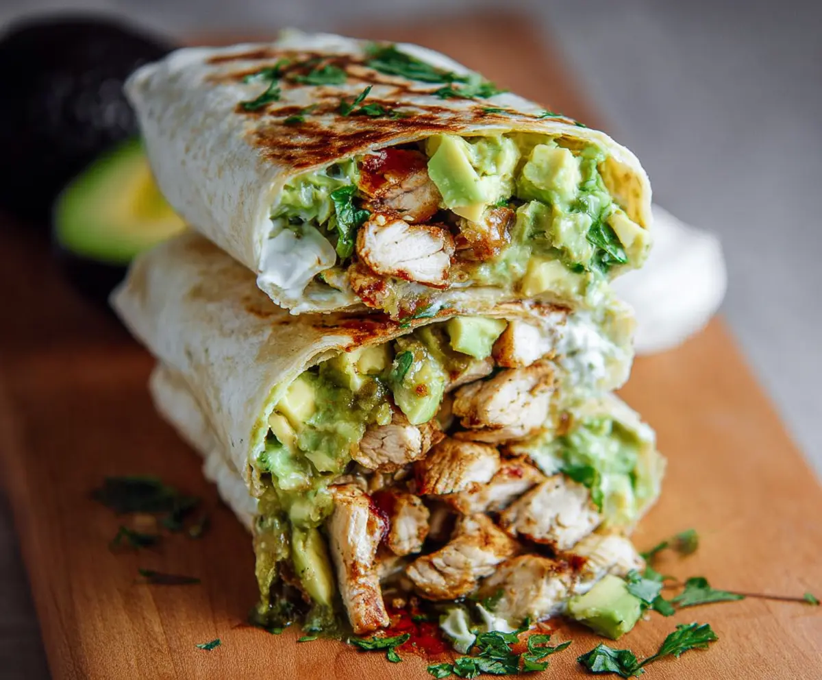 Delicious chicken and avocado burrito wrapped in a tortilla on a plate