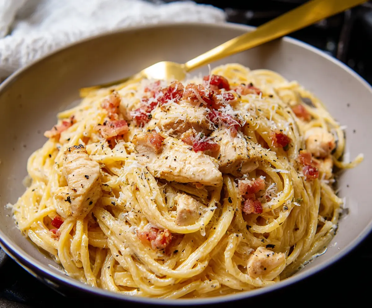 Delicious Chicken Carbonara Pasta with creamy sauce and crispy bacon pieces in a white bowl.