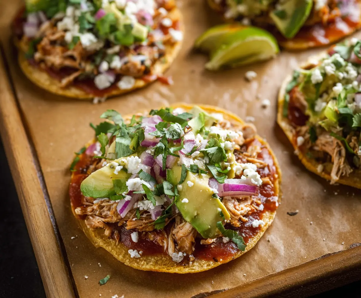 Delicious crispy chicken tostadas topped with fresh vegetables and melted cheese.