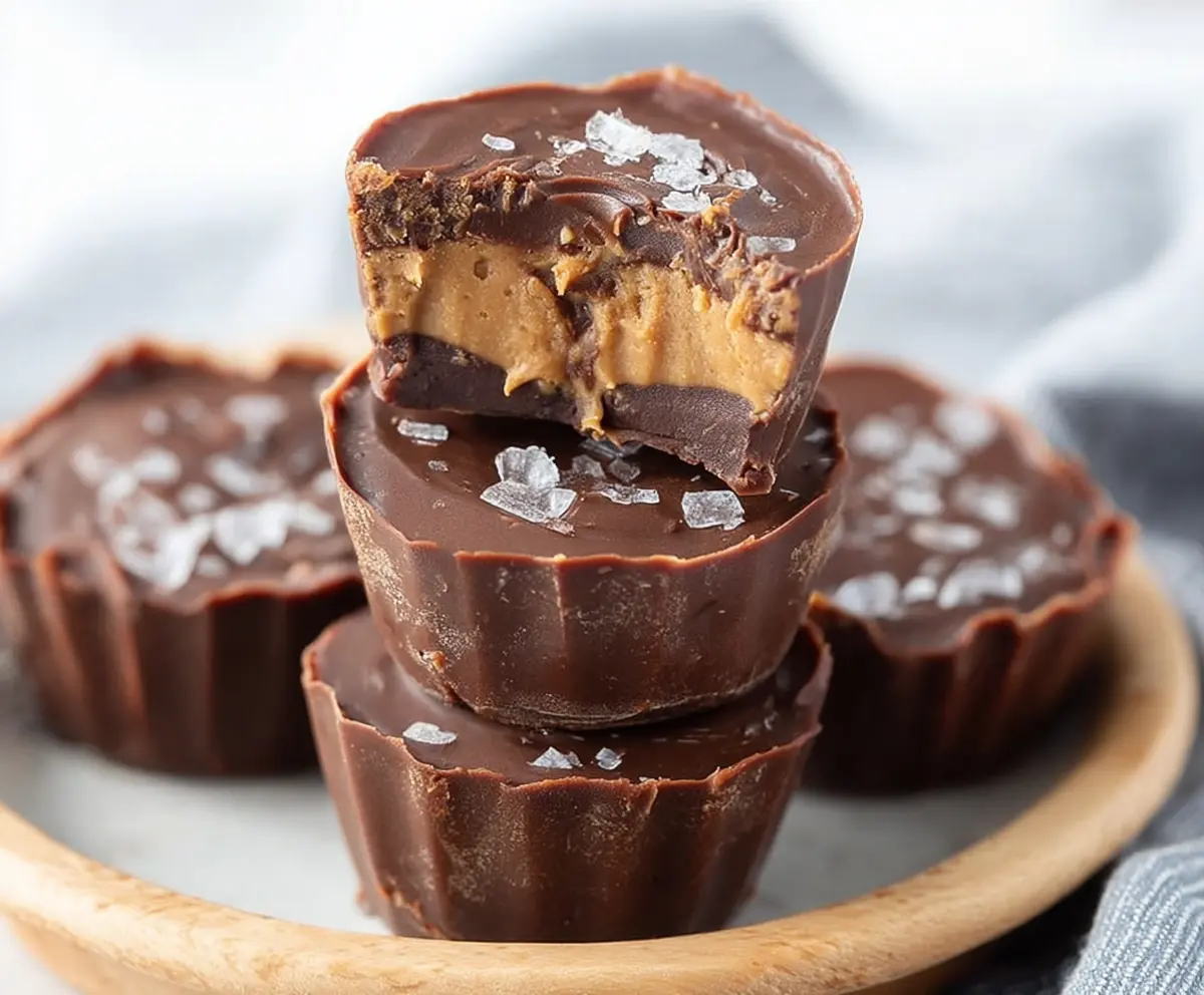 Delicious homemade chocolate peanut butter fat bombs on a white plate, perfect for keto diet snacks.