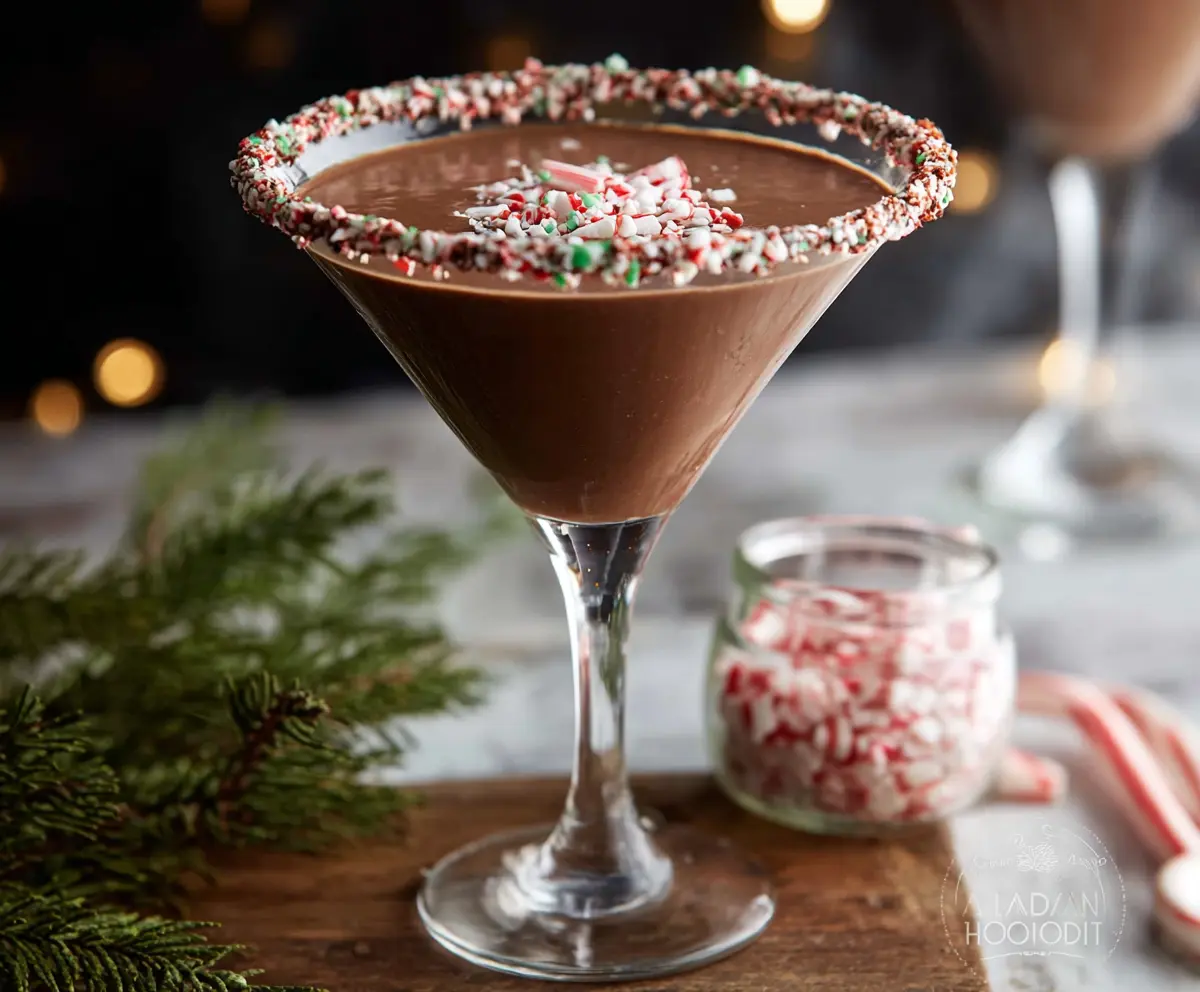 Delicious Chocolate Peppermint Martini in a cocktail glass garnished with peppermint and chocolate shavings
