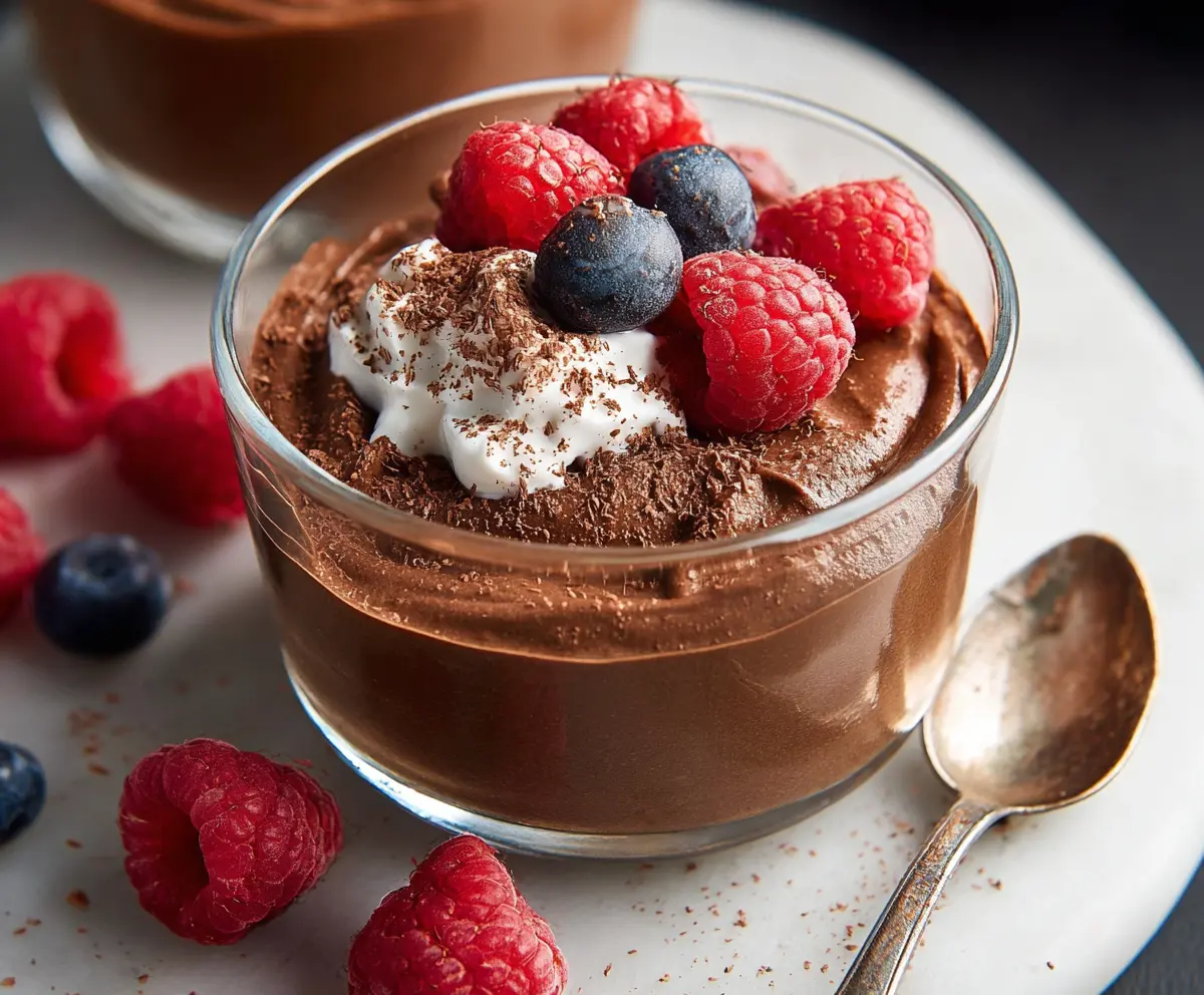 Creamy homemade chocolate protein pudding garnished with cocoa powder and served in a glass bowl.