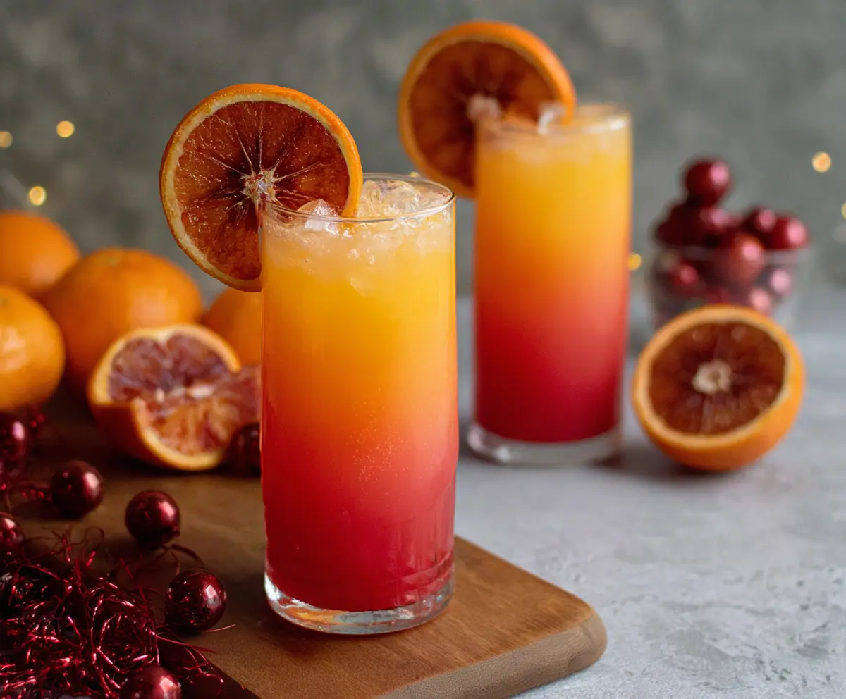 Festive Christmas Tequila Sunrise cocktail with vibrant colors and holiday garnishes.