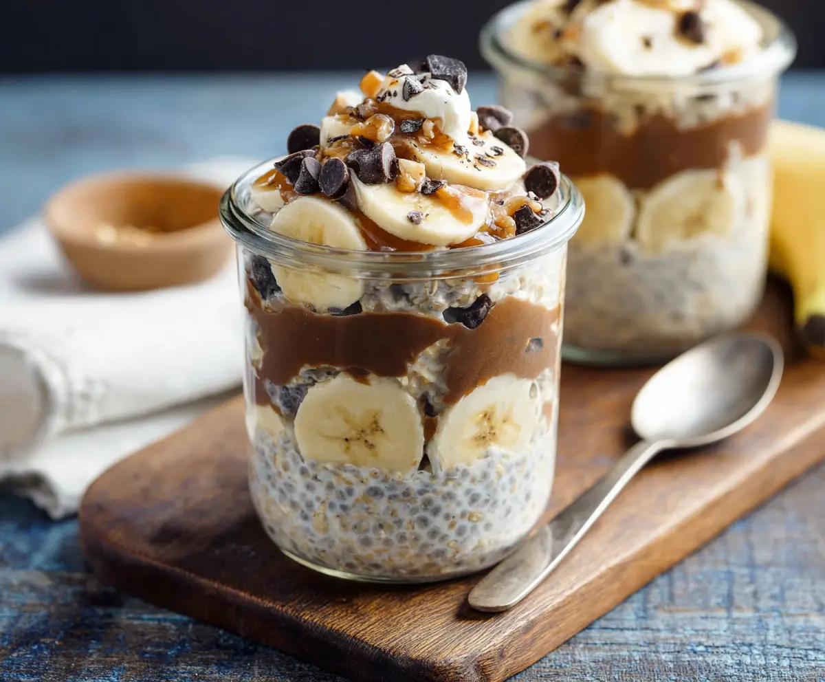 Delicious Chunky Monkey Overnight Oats with bananas, walnuts, and chocolate chips in a glass jar.