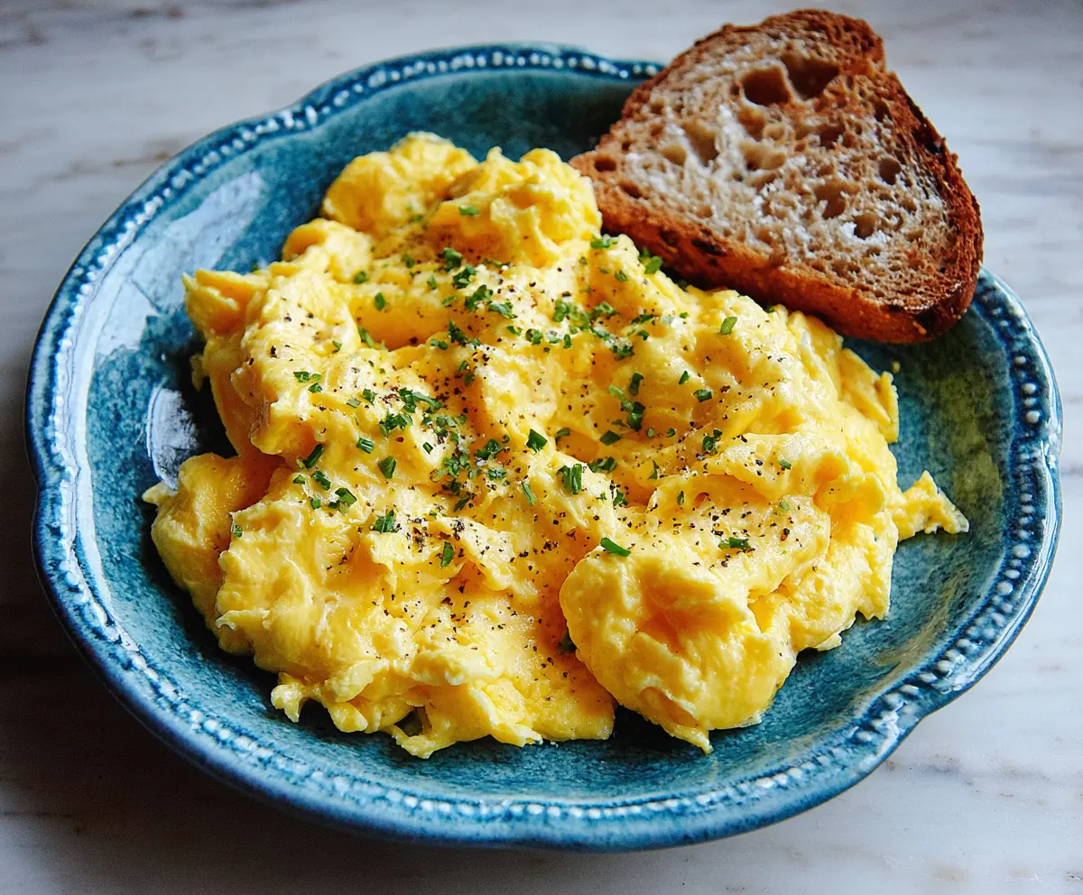 Delicious classic scrambled eggs served on a white plate, perfect for breakfast.