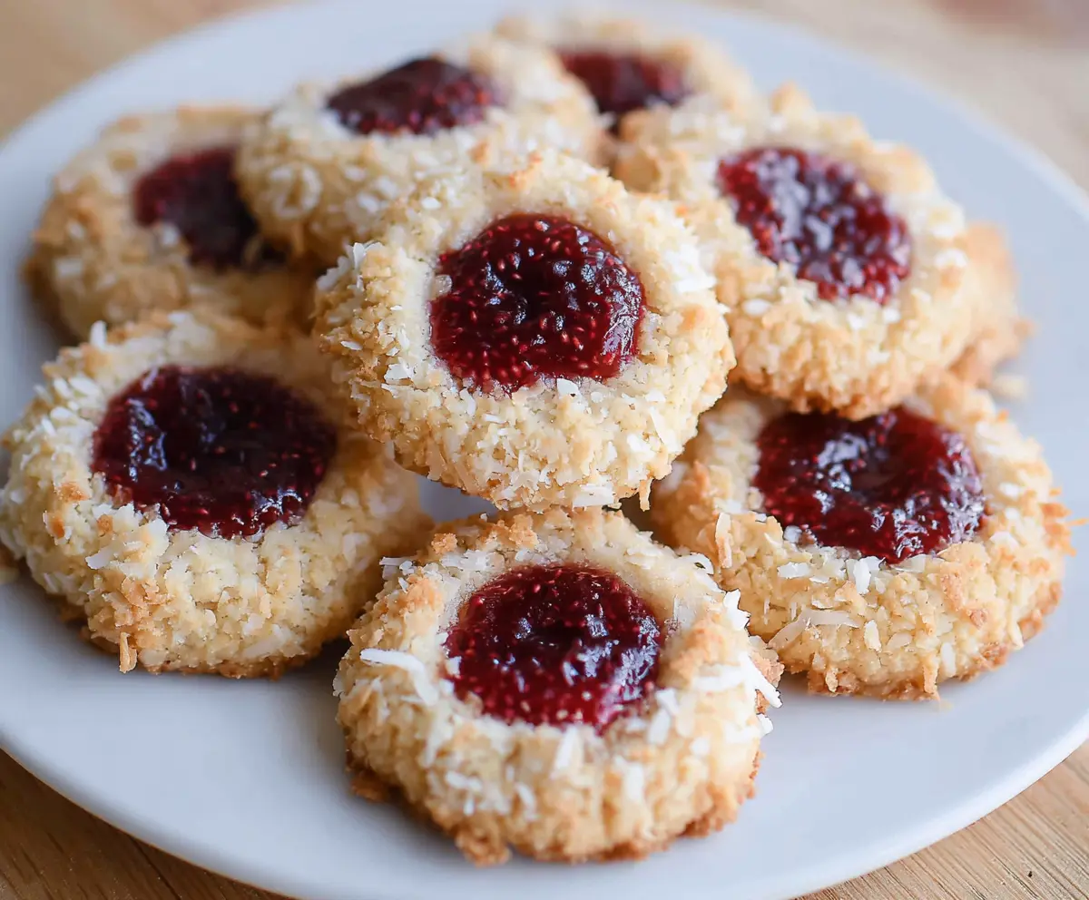 Delicious Coconut Raspberry Thumbprint Cookies with a golden-brown crust and vibrant raspberry filling.