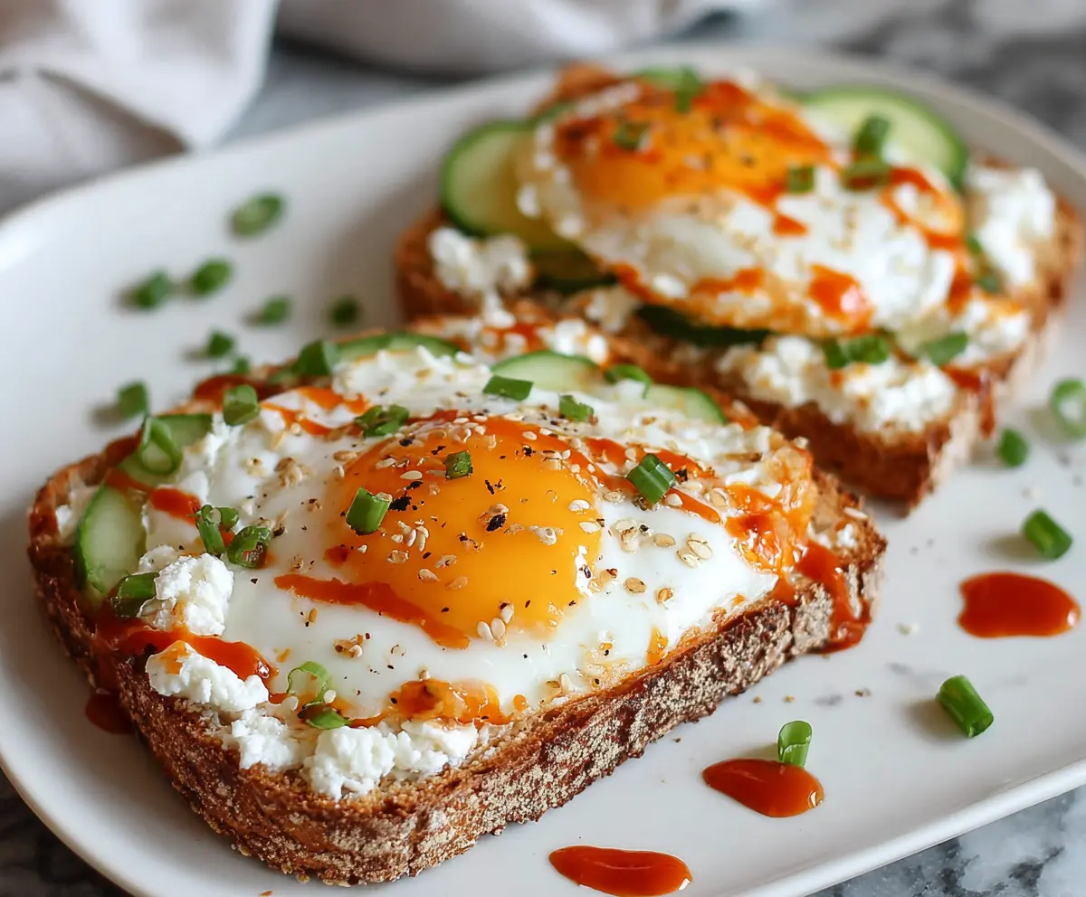 Close-up of cottage cheese, egg, and Sriracha protein toast, showcasing a nutritious breakfast option.
