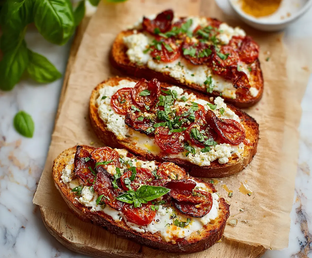 Delicious Cottage Cheese Pizza Toast topped with fresh herbs and melted cheese, perfect for a quick snack or breakfast.