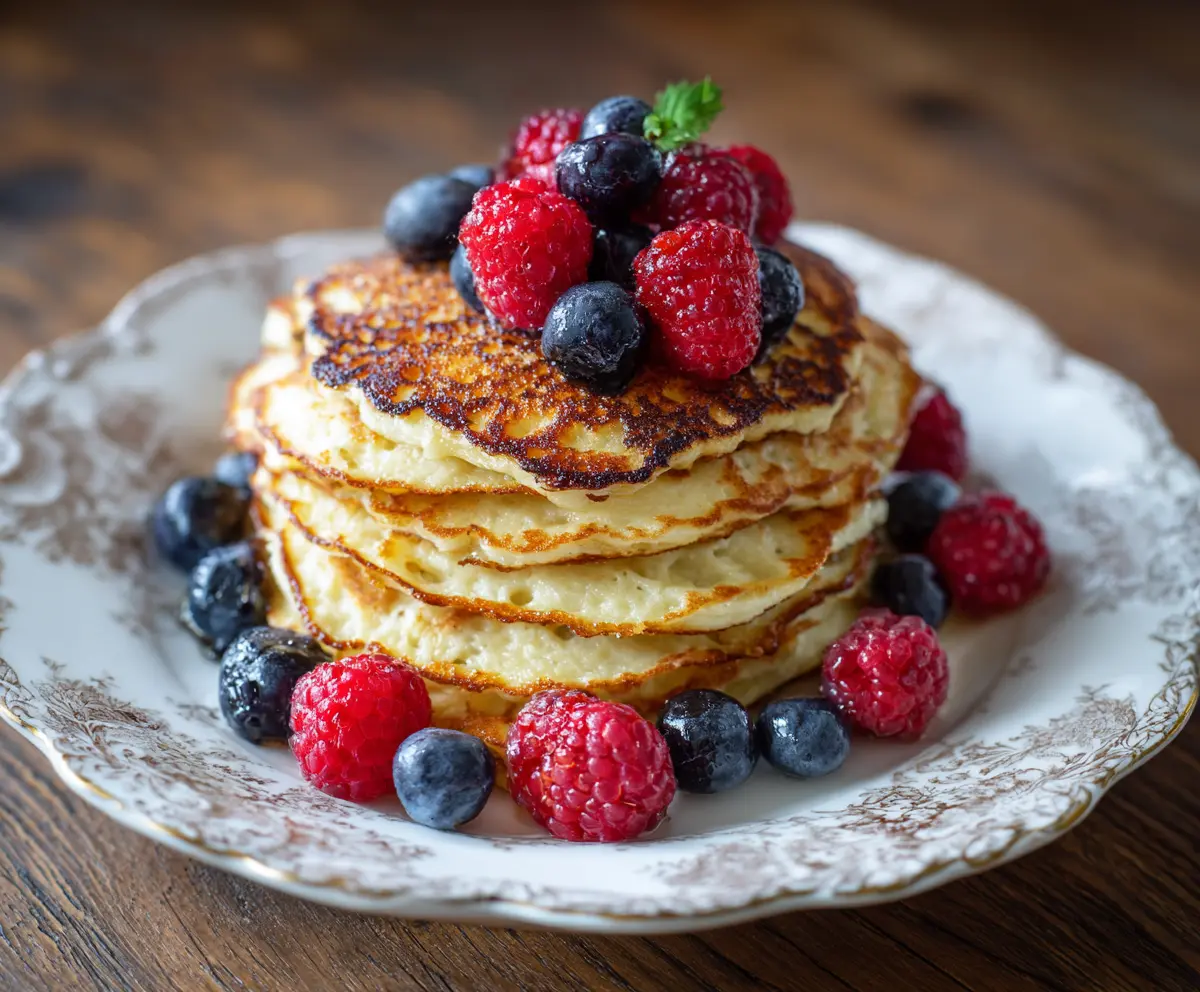 Healthy cottage cheese protein pancakes topped with fresh berries and syrup.