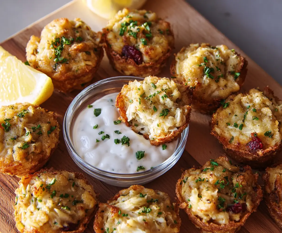 Appetizing crab cake bites served with fresh herbs for a delicious seafood appetizer.