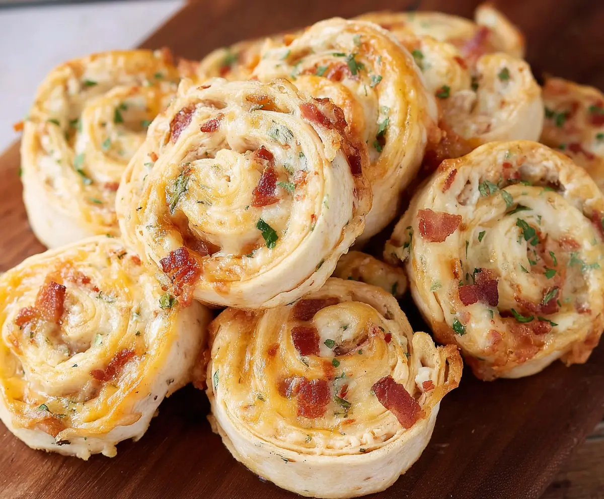 Delicious Crack Chicken Pinwheels featuring crispy pastry and creamy chicken filling on a serving plate.