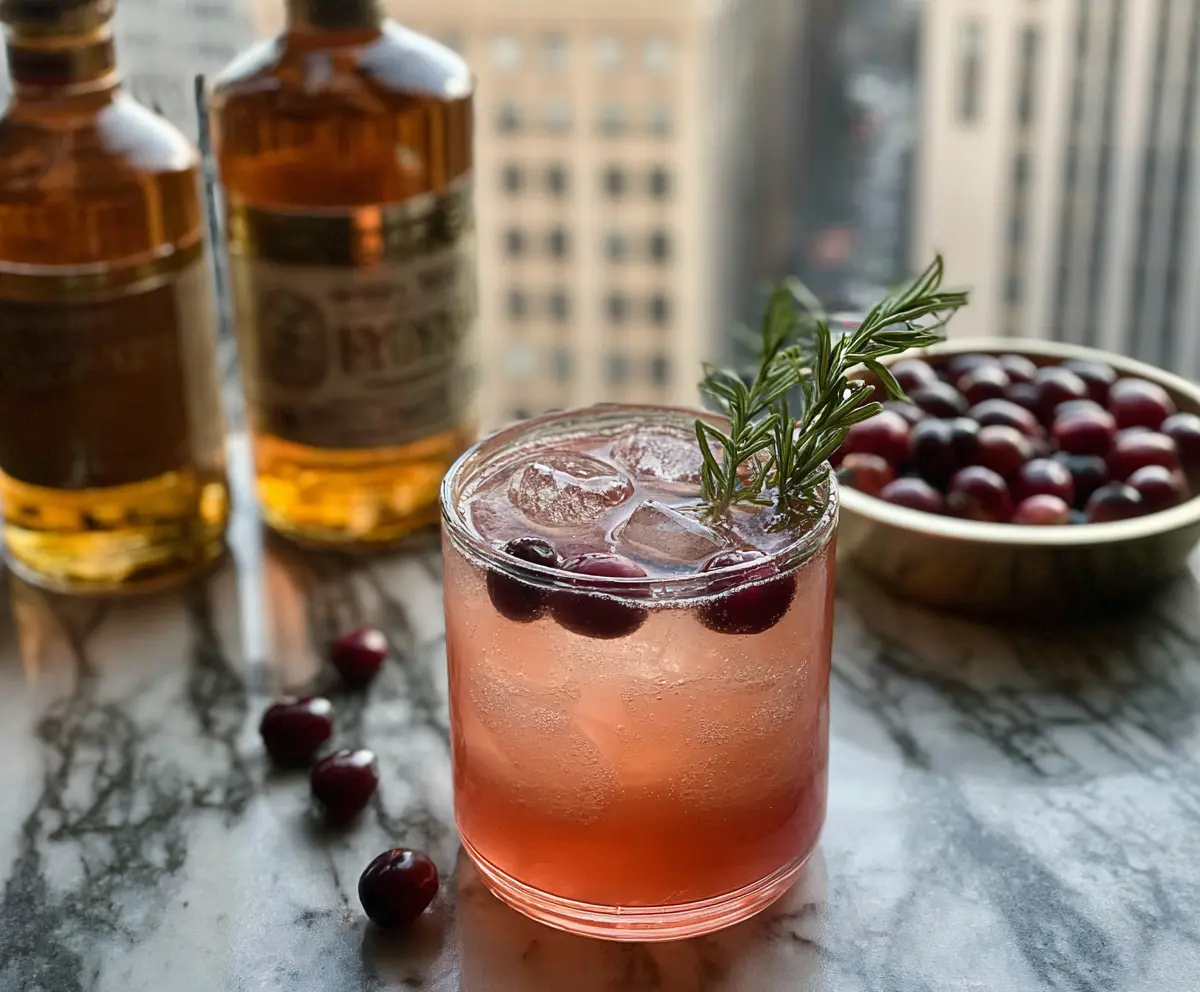 Refreshing Cranberry Bourbon Mule cocktail garnished with fresh cranberries and mint served in a glass.