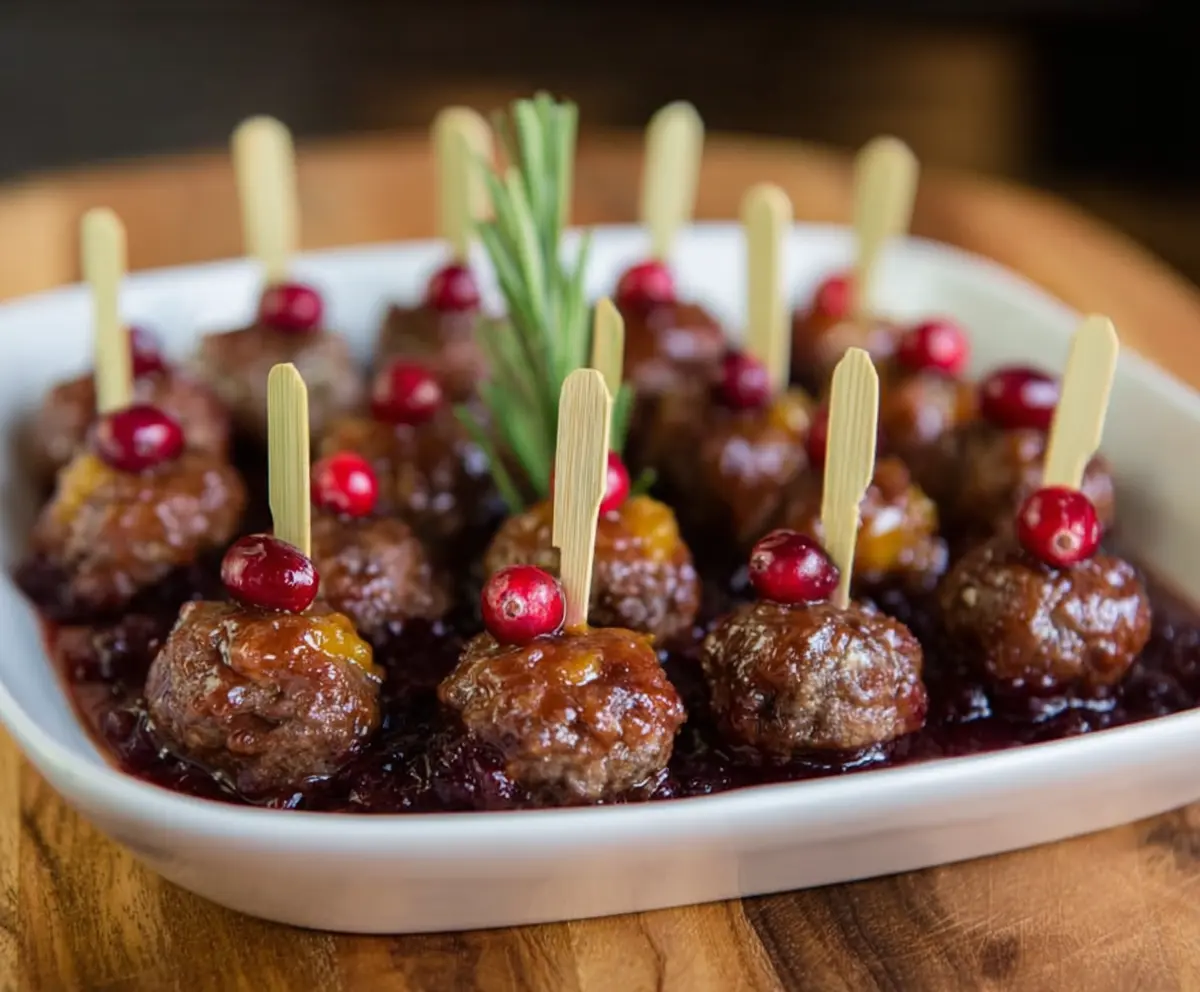 Cranberry chipotle cocktail meatballs served in a festive bowl, perfect for holiday parties