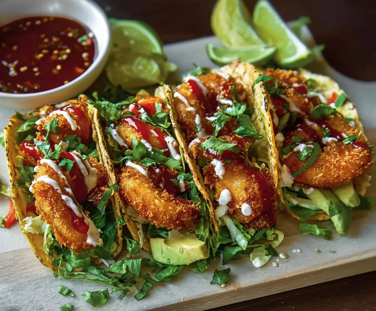 Crispy coconut shrimp tacos garnished with fresh herbs on a white plate.