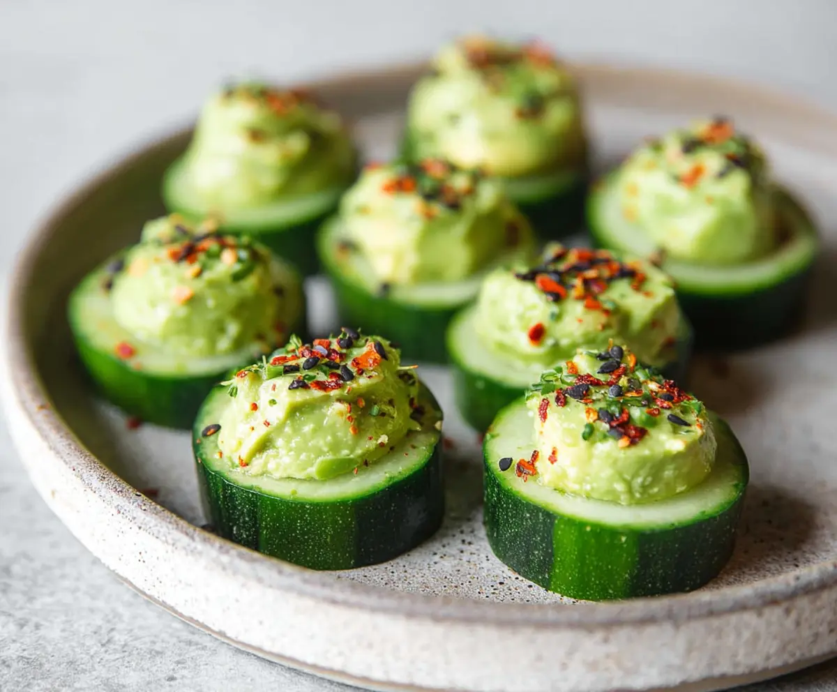 Fresh cucumber and creamy avocado bites garnished with herbs, perfect for healthy snacking.