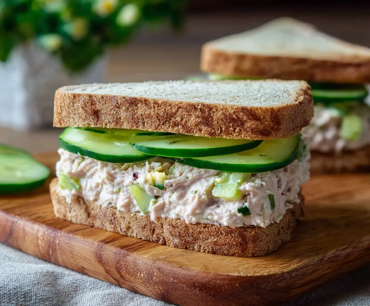 Fresh cucumber and tuna sandwich on whole grain bread, healthy lunch option.