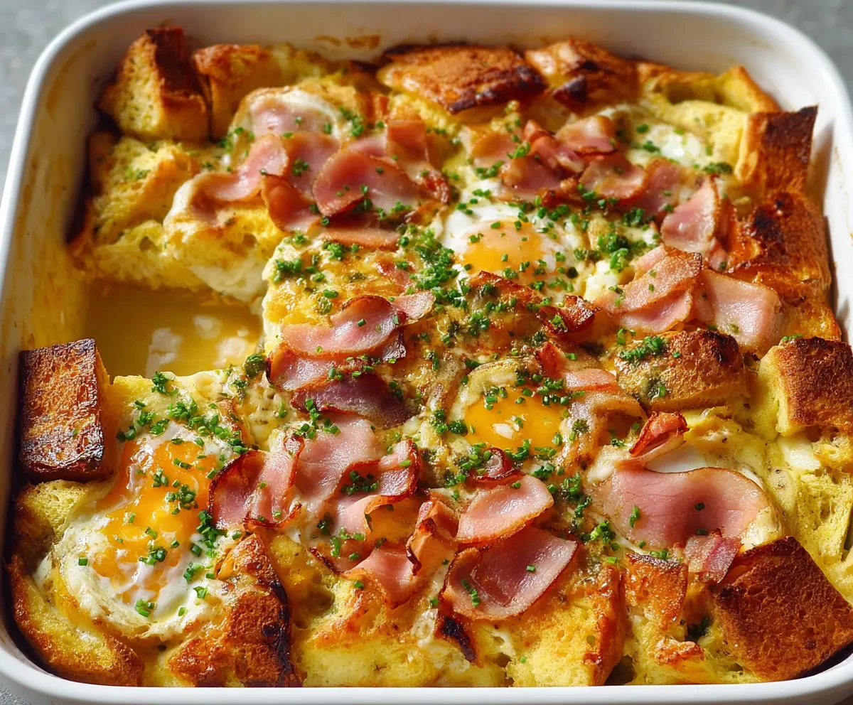 Delicious Eggs Benedict Casserole with poached eggs, ham, and creamy hollandaise sauce in a baked dish