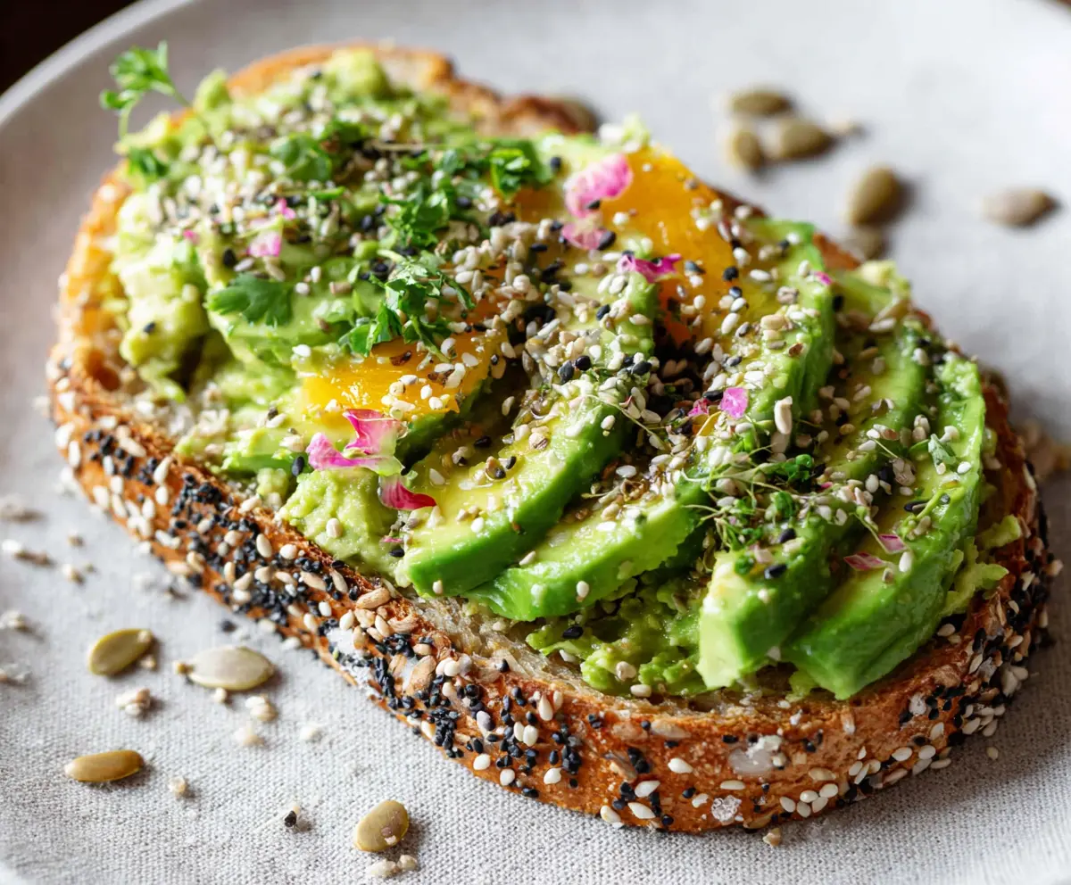 Delicious everything bagel avocado toast topped with creamy mashed avocado and sprinkled sesame and poppy seeds.