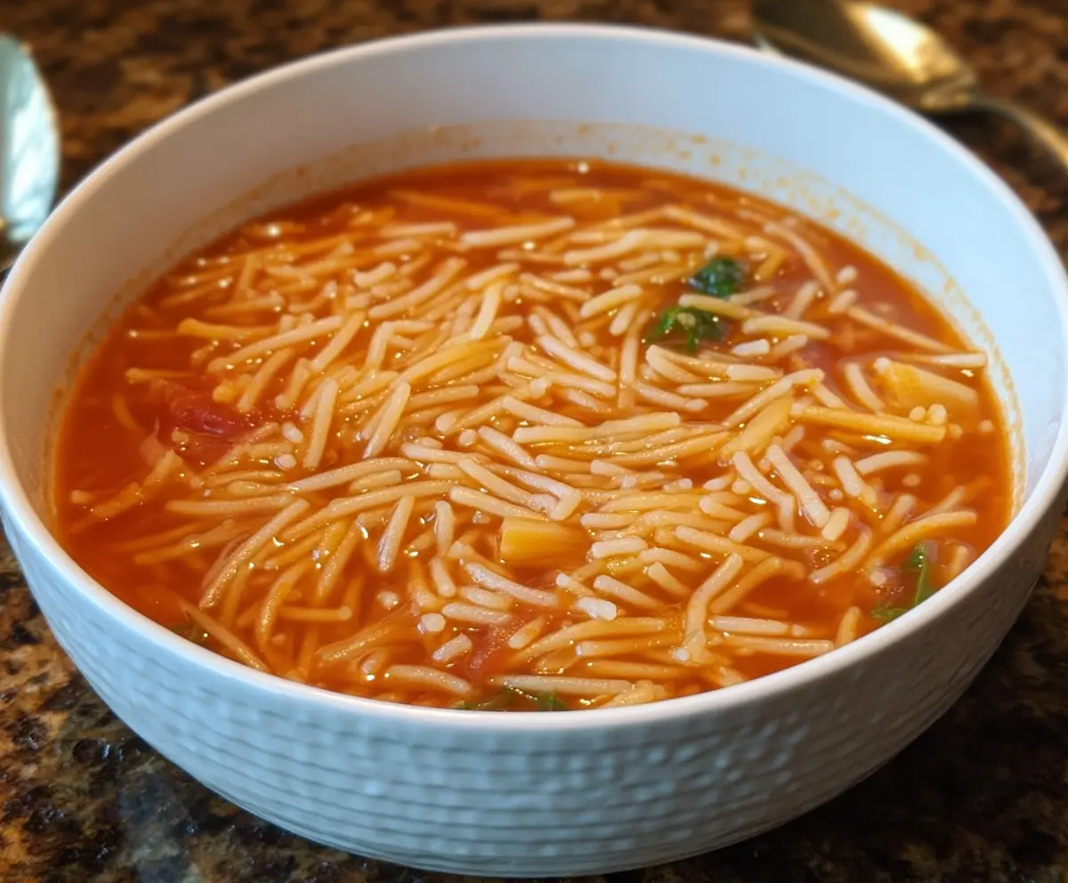 Hearty Fideo pasta soup in a bowl, garnished with fresh herbs and vegetables.