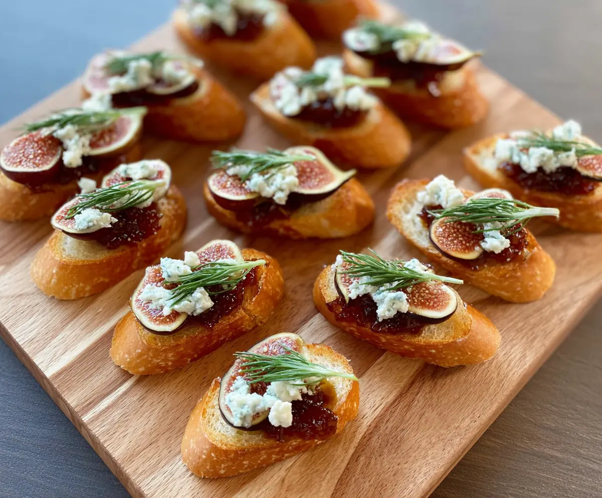 Delicious Fig and Blue Cheese Crostini topped with fresh figs and crumbled blue cheese on toasted baguette slices.