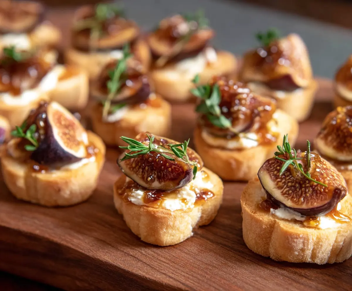 Delicious Fig Brie Bites with fresh figs and creamy brie cheese on a platter.
