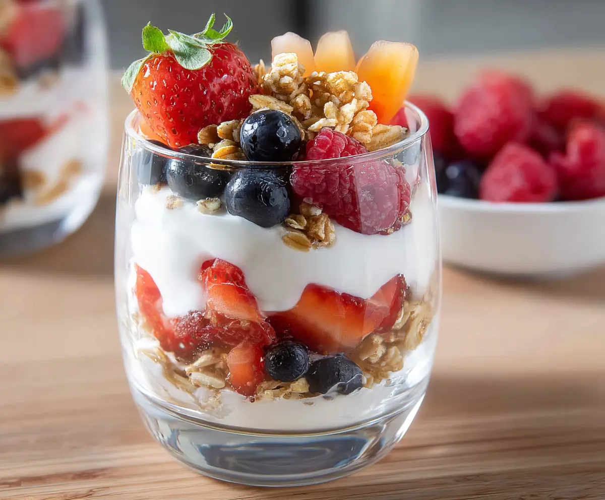 Layered fruit and yogurt parfait in a glass with fresh berries and granola on top