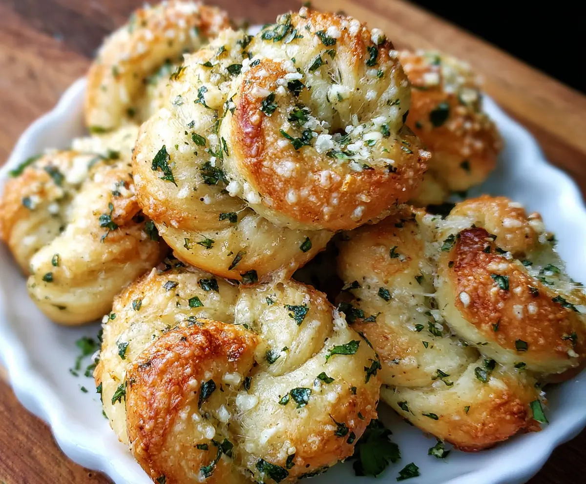 Golden Garlic Parmesan Knots on a white plate with herbs